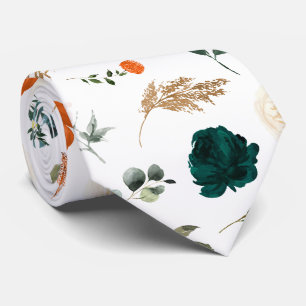 Watercolor Flowers Forest Green Rust Orange Roses Neck Tie