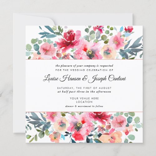 Watercolor Flowers Garden Roses Red Ombre Wedding Invitation