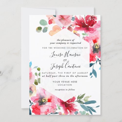 Watercolor Flowers Garden Roses Red Ombre Wedding Invitation