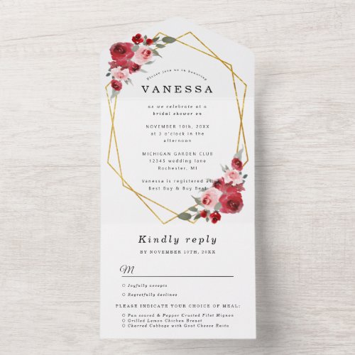 Watercolor flowers geometric bridal shower w rsvp all in one invitation