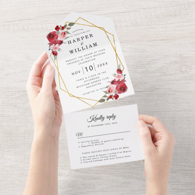 Watercolor flowers geometric wedding all in one invitation (Tearaway)
