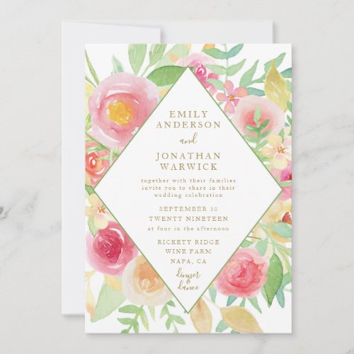 Watercolor Flowers Geometric Wedding Invitation