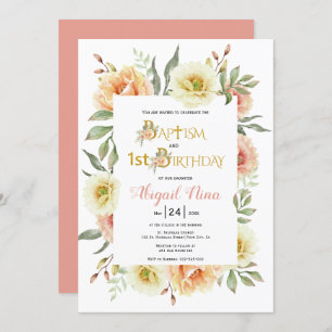 Watercolor flowers girl baptism and 1st birthday invitation
