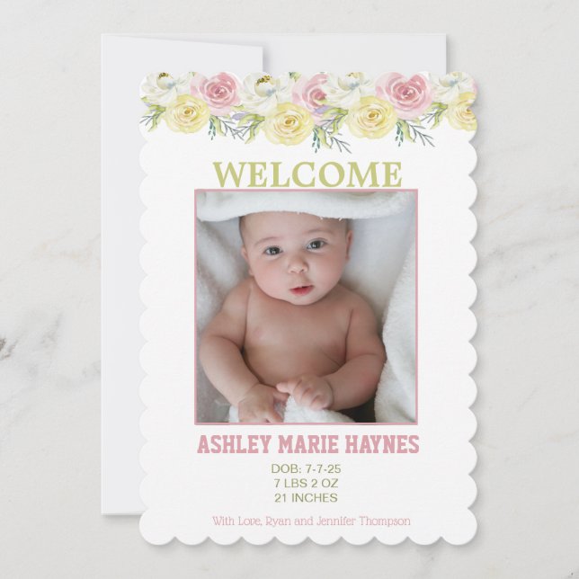 Watercolor Flowers Girls Photo Baby Announcement (Front)
