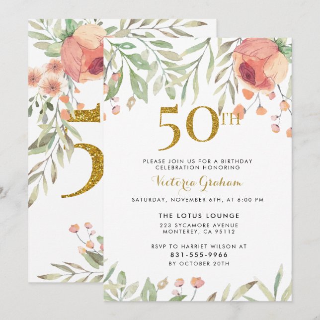 Watercolor Flowers & Gold 50th Birthday Party Invitation (Front/Back)