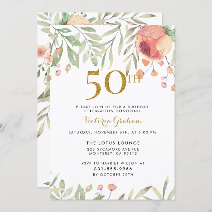 Watercolor Flowers & Gold 50th Birthday Party Invitation | Zazzle.com