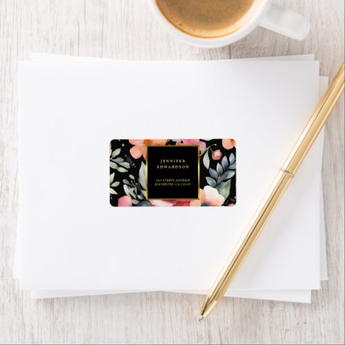 Watercolor flowers gold black return address label