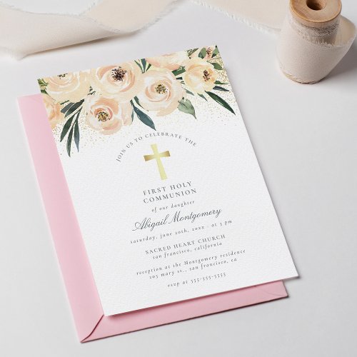 Watercolor Flowers Gold Cross First Holy Communion Invitation Postcard