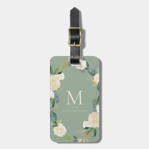 Watercolor Flowers Gold Foil Monogram Sage Green Luggage Tag
