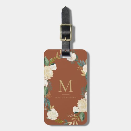 Watercolor Flowers Gold Foil Monogram Terracotta Luggage Tag