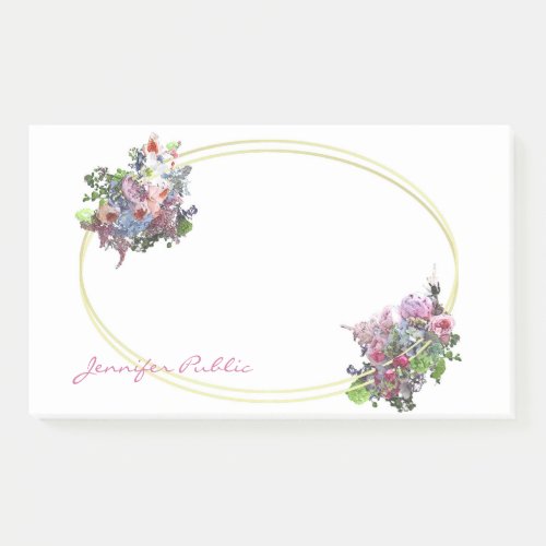 Watercolor Flowers Gold Frame Hand Script Template Post_it Notes