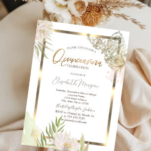 Watercolor Flowers Gold Frame Quinceañera Invitation