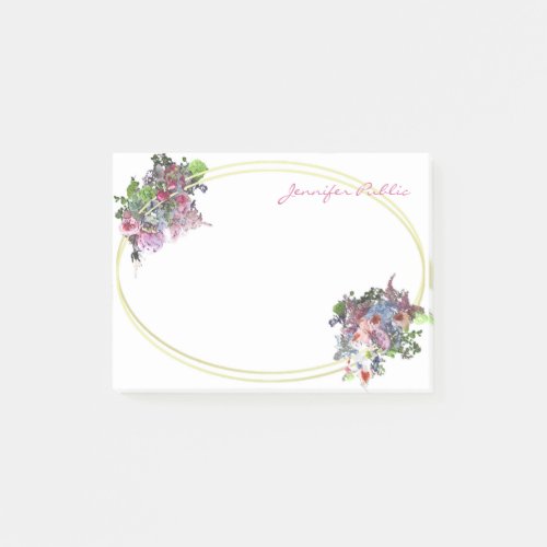 Watercolor Flowers Gold Frame Template Hand Script Post_it Notes