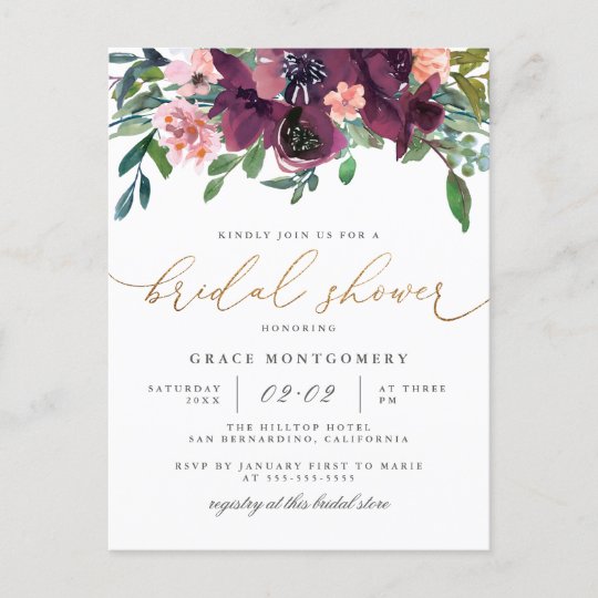 Watercolor Flowers Gold Glitter Bridal Shower Invitation Postcard Watercolor Flowers Gold Glitter Bridal Shower Invitation Postcard