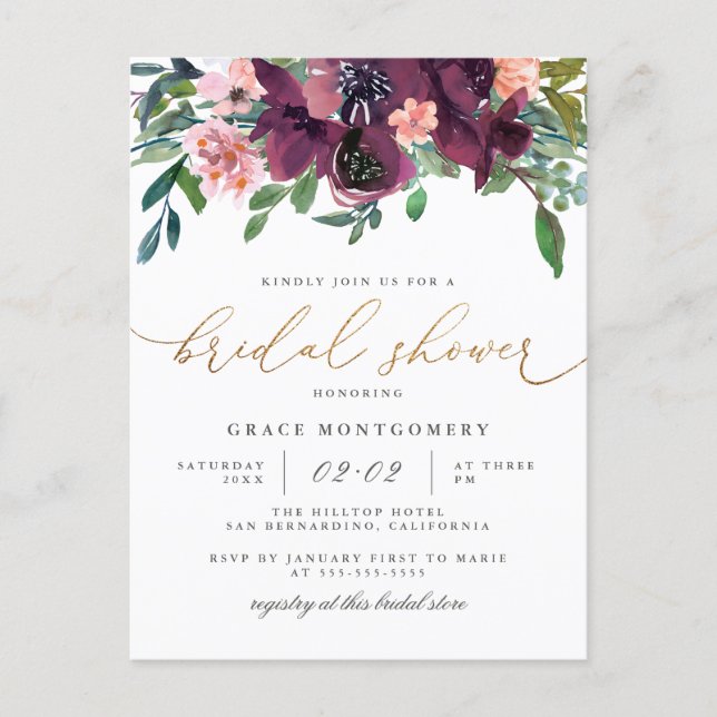 Watercolor Flowers & Gold Glitter Bridal Shower Invitation Postcard (Front)