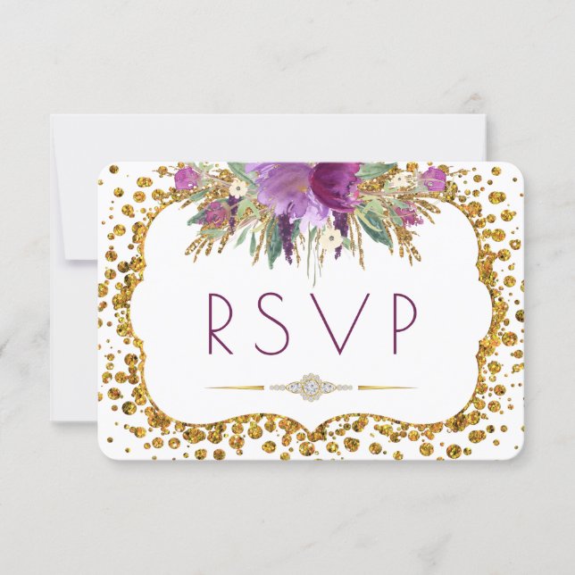 Watercolor Flowers Gold Glitter Confetti RSVP (Front)