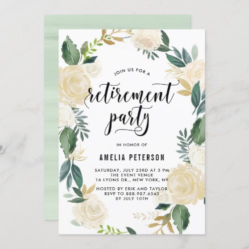 Watercolor Flowers Gold Glitter Retirement Party Invitation