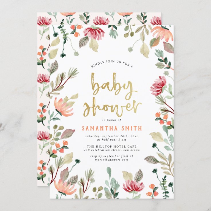 Watercolor Flowers & Gold Lettering Baby Shower Invitation | Zazzle