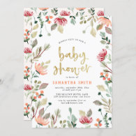 Watercolor Flowers & Gold Lettering Baby Shower Invitation