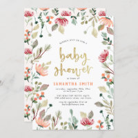 Watercolor Flowers & Gold Lettering Baby Shower Invitation