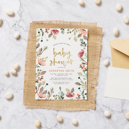 Watercolor Flowers  Gold Lettering Baby Shower Invitation