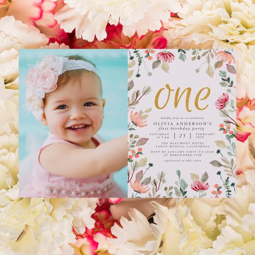 Watercolor Flowers Gold One First Birthday Photo Invitation