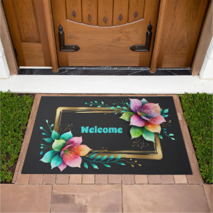 Watercolor Flowers - Golden Frame 34 + your text Doormat