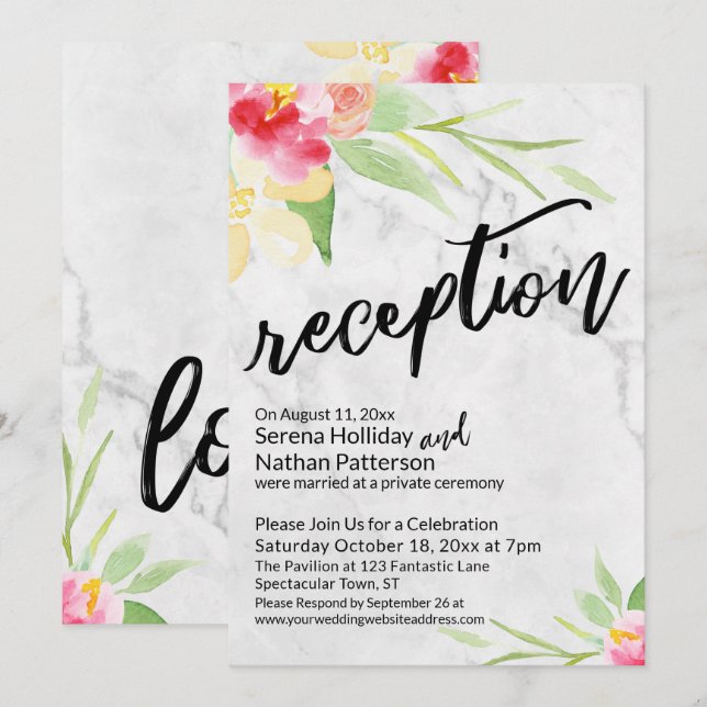 Watercolor Flowers & Gray Marble Reception Invitation (Front/Back)