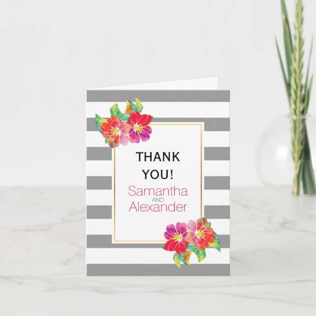 Watercolor flowers gray white wedding Thank You (Front)