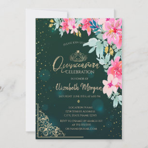 Watercolor Flowers Green Gold Tiara,Quinceañera Invitation