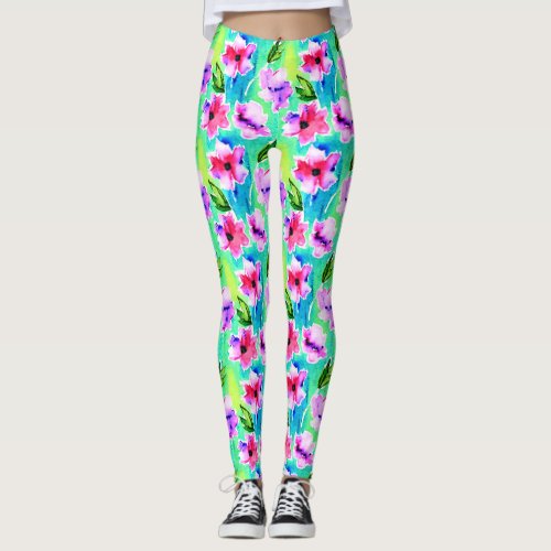 Watercolor Flowers Green Pink and Blue Leggings