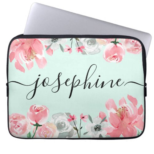 Watercolor flowers green pink custom laptop sleeve