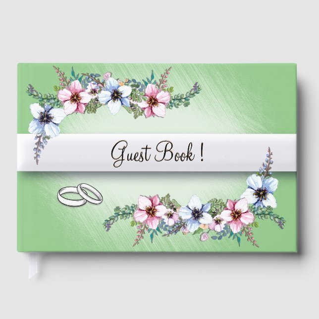 Watercolor Flowers Green Wedding Guest Book (Front)
