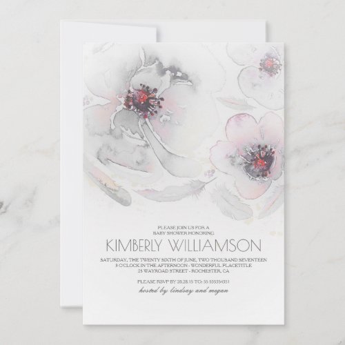 Watercolor Flowers Grey Pink Boho Baby Shower Invitation - Dusty grey and soft pink watercolor flowers and pastel feathers bohemian vintage baby shower invitation.