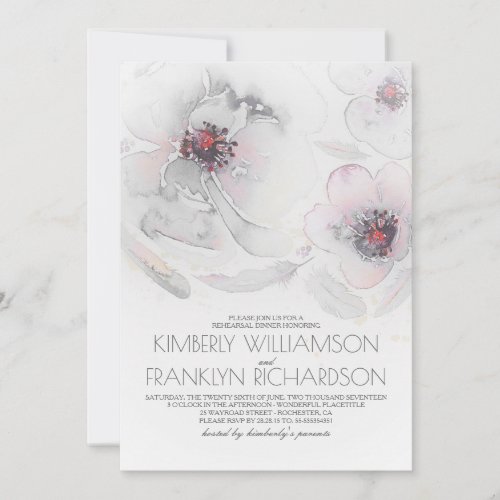 Watercolor Flowers Grey Pink Boho Rehearsal Dinner Invitation - Dusty grey and soft pink watercolor flowers and feathers bohemian rehearsal dinner invitation.