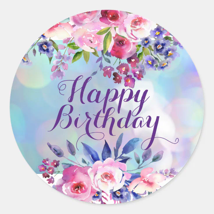 Watercolor Flowers Happy Birthday Round Stickers | Zazzle