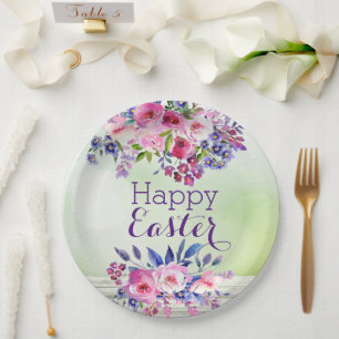 Watercolor Flowers Happy Easter Paper Plates