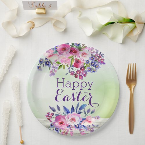 Watercolor Flowers Happy Easter Paper Plates