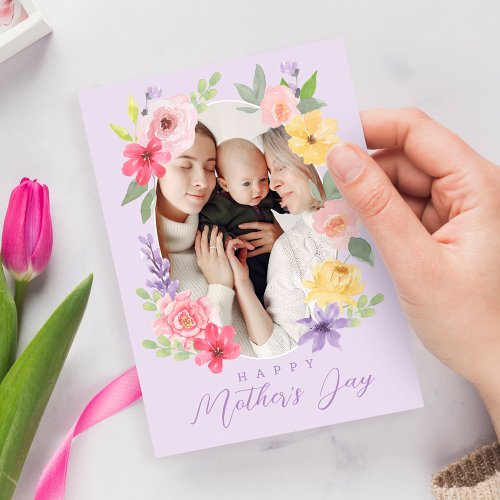 Watercolor Flowers Happy Mothers Day Photo Card