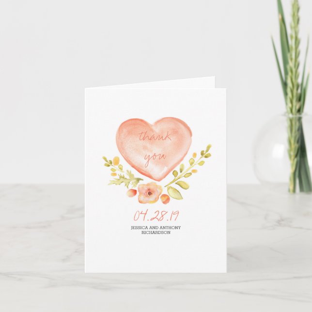 Watercolor Flowers Heart Wedding Thank You (Front)