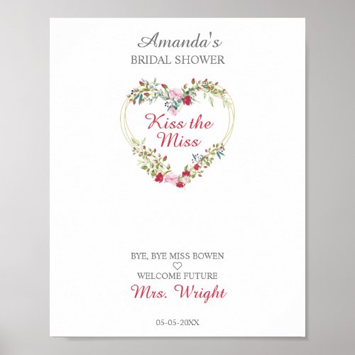 Watercolor Flowers Heart with Leaves in Pink  Red Poster