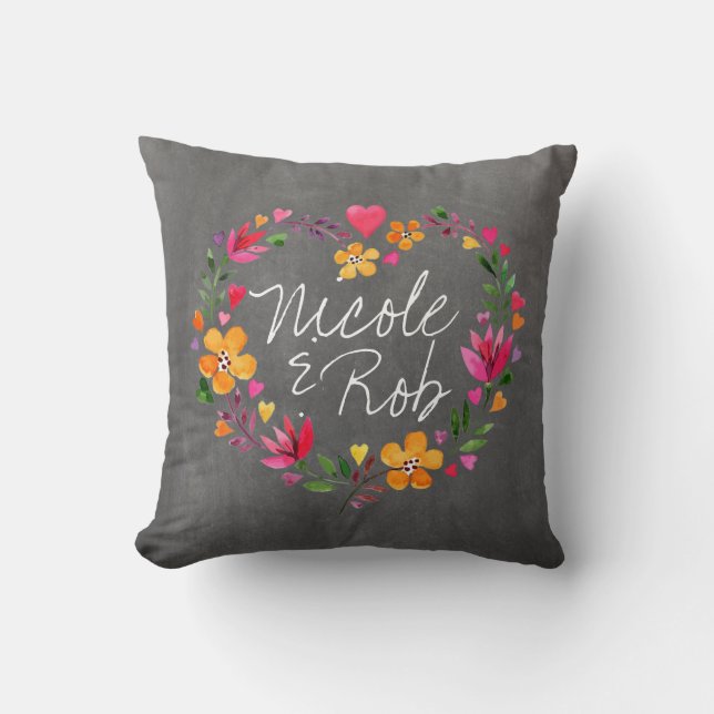 Watercolor Flowers Heart Wreath | chalkboard grey Throw Pillow (Front)