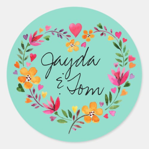 Watercolor Flowers Heart Wreath  CHANGE THE COLOR Classic Round Sticker