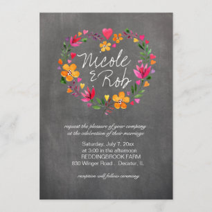 Watercolor Flowers Heart Wreath Wedding grey Invitation