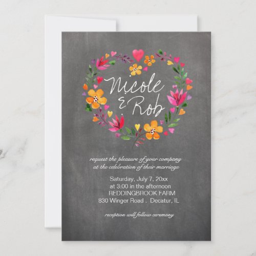 Watercolor Flowers Heart Wreath Wedding  grey Invitation