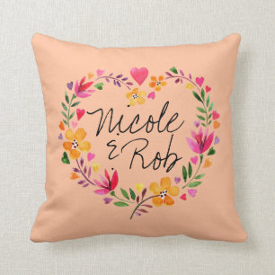 Watercolor Flowers Heart Wreath Wedding peach Throw Pillow