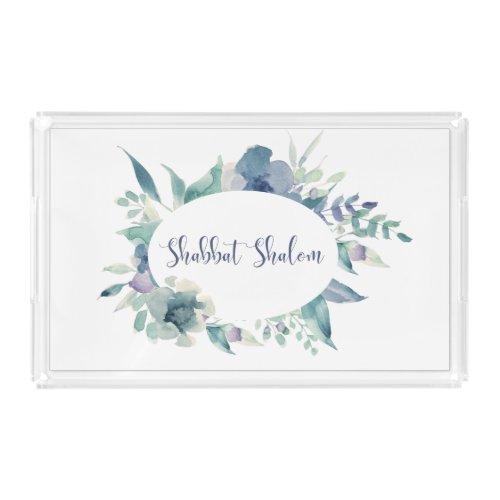 Watercolor Flowers Hebrew Shabbat Challah Acrylic Tray