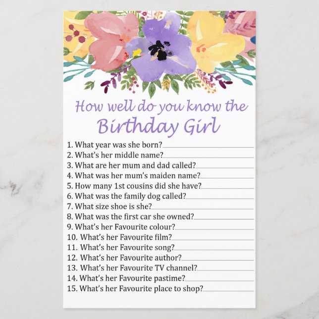 Watercolor flowers How well do you know birthday (Front)