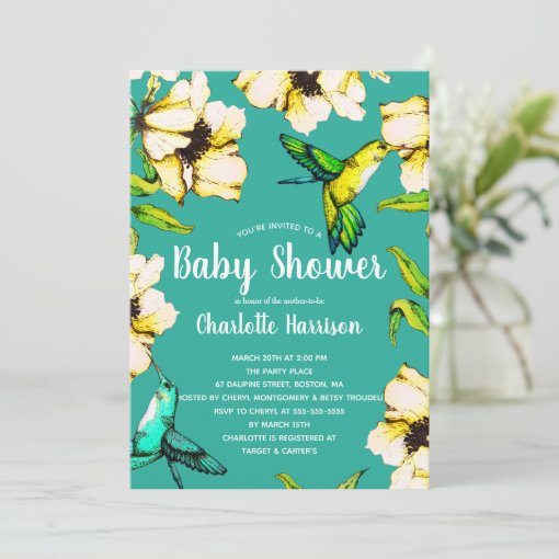Watercolor Flowers & Hummingbirds Baby Shower Invitation Zazzle