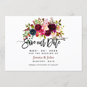 Watercolor flowers in blush, burgundy navy blue invitation